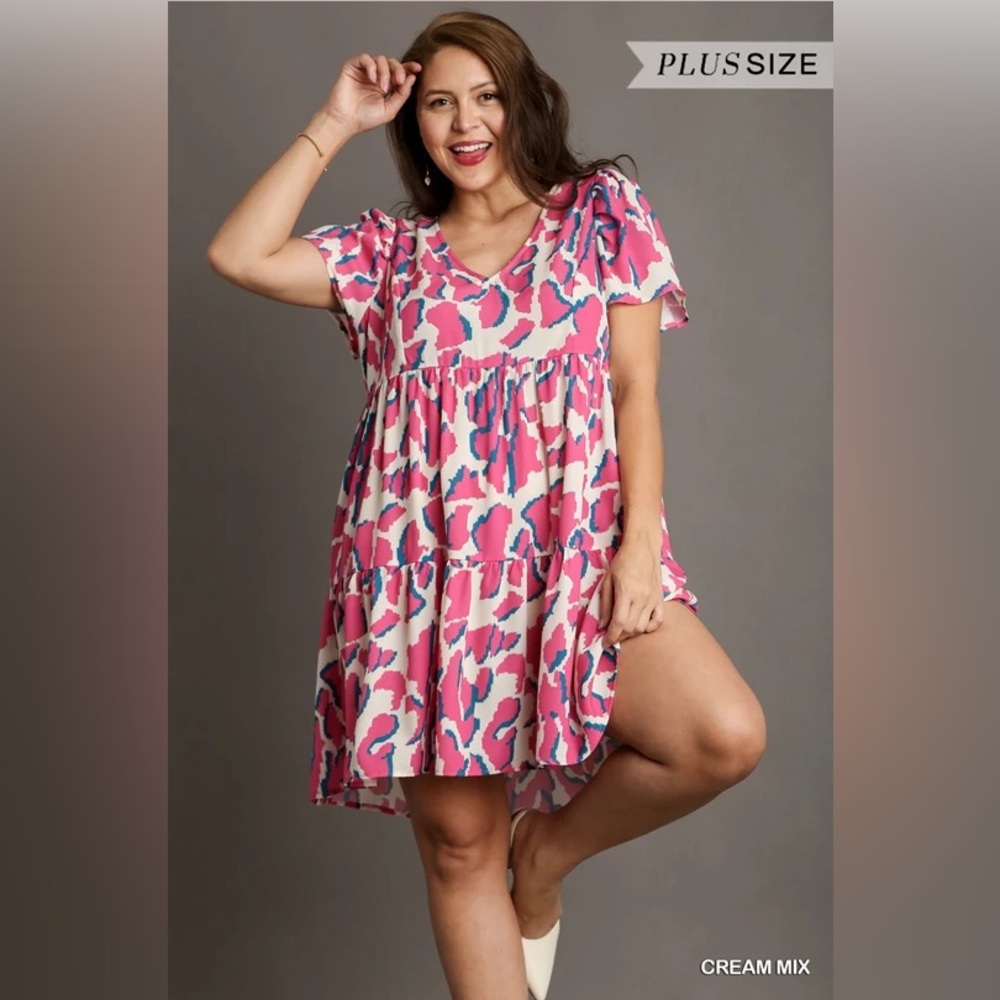 🆕 Umgee Abstract Print V-Neck Tiered Dress with Pleat Detail On Sleeves